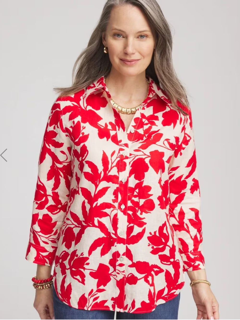 Chico's Red and White Floral Linen Button-Up Blouse new with tags